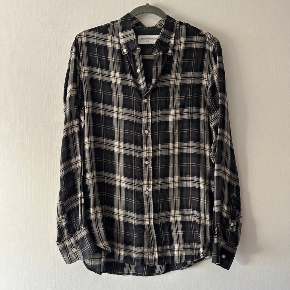 Officine Generale Black & White Lipp Japanese Cotton Plaid Check Shirt Small